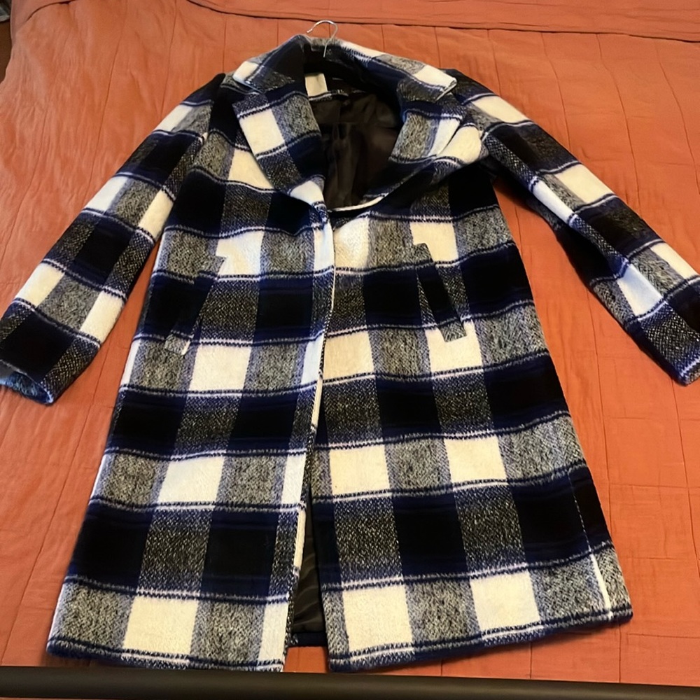 Blue Plaid Snap Button Peacoat